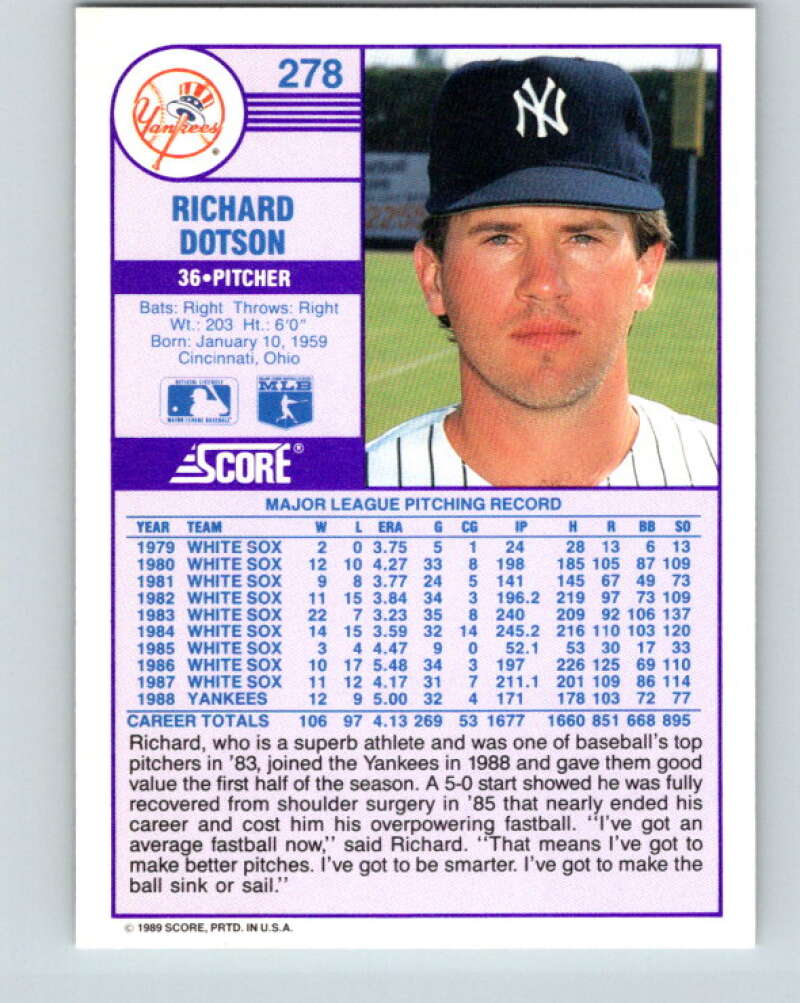 1989 Score #278 Richard Dotson Mint New York Yankees