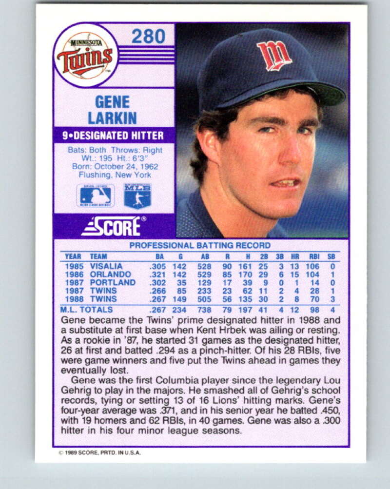 1989 Score #280 Gene Larkin Mint Minnesota Twins