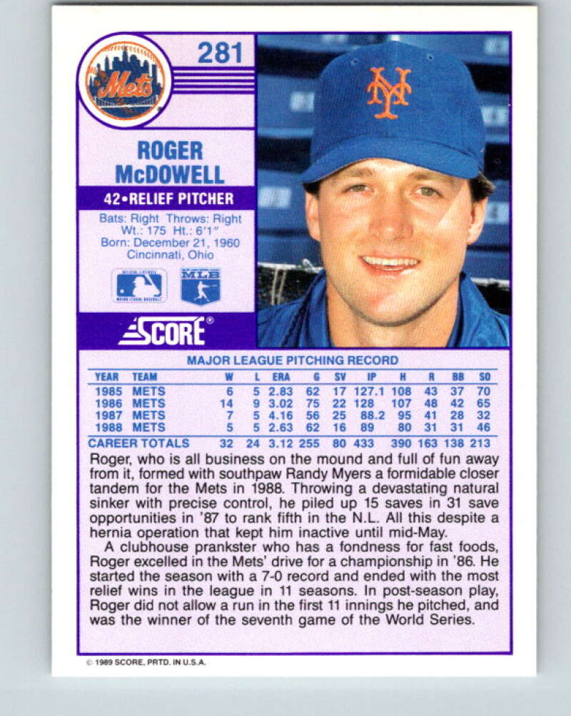 1989 Score #281 Roger McDowell Mint New York Mets