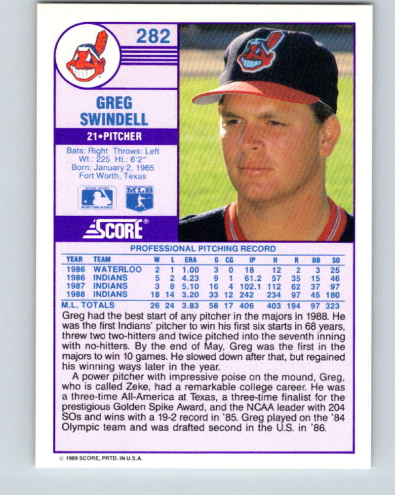 1989 Score #282 Greg Swindell Mint Cleveland Indians