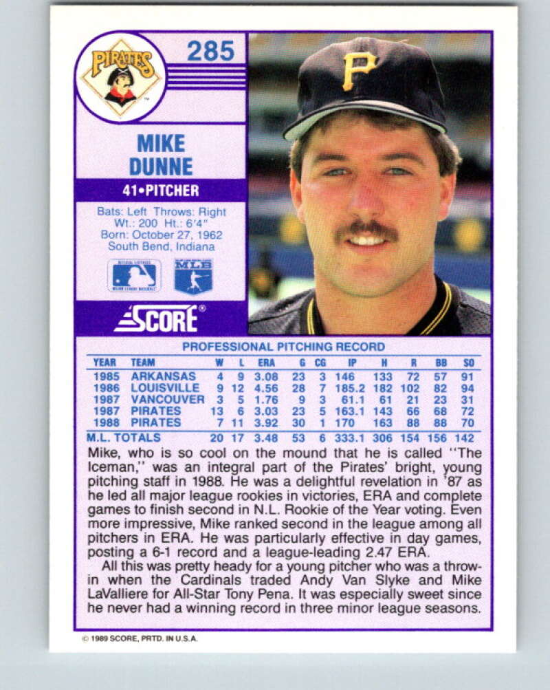 1989 Score #285 Mike Dunne Mint Pittsburgh Pirates