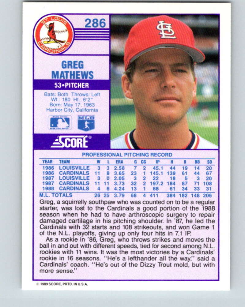 1989 Score #286 Greg Mathews Mint St. Louis Cardinals