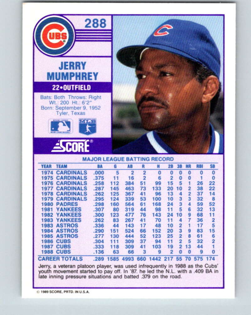 1989 Score #288 Jerry Mumphrey Mint Chicago Cubs