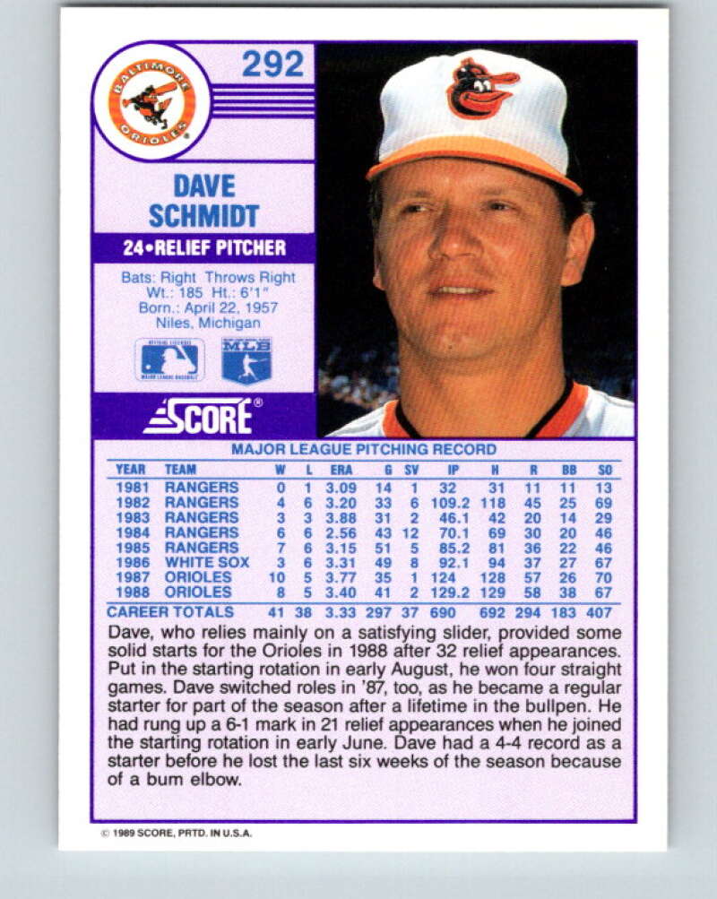 1989 Score #292 Dave Schmidt Mint Baltimore Orioles