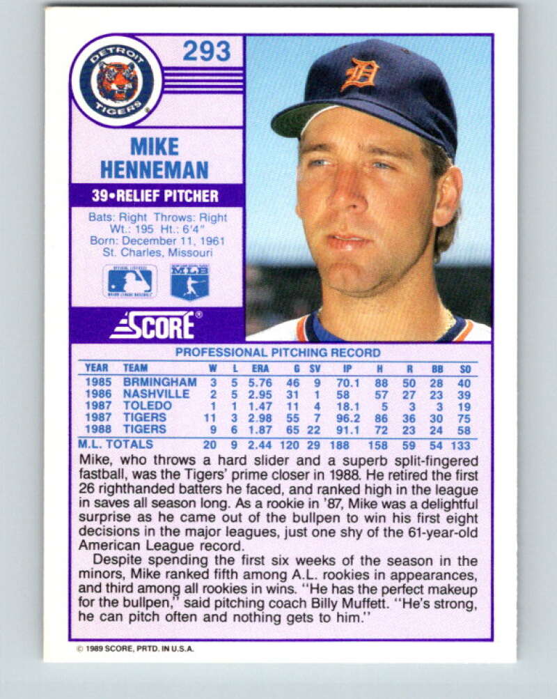 1989 Score #293 Mike Henneman Mint Detroit Tigers