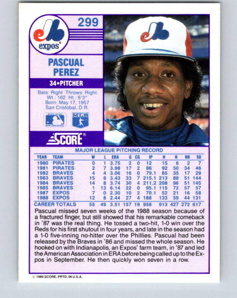 1989 Score #299 Pascual Perez Mint Montreal Expos