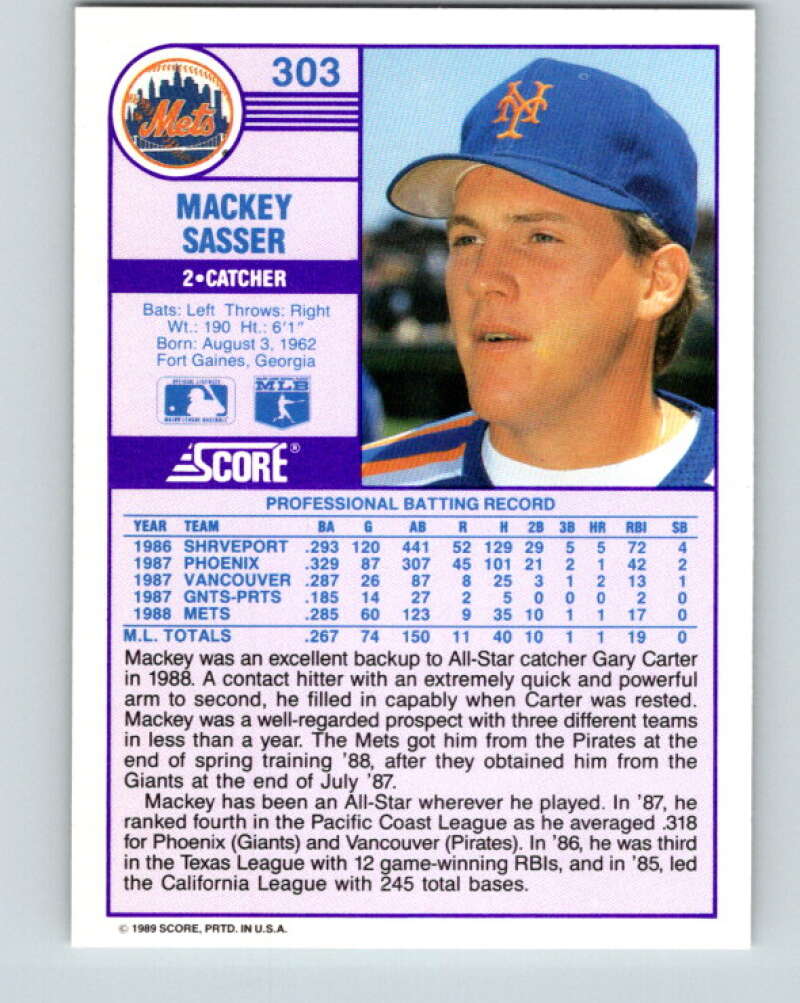 1989 Score #303 Mackey Sasser Mint New York Mets