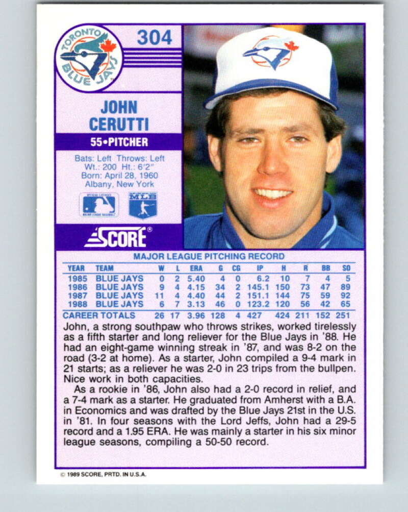 1989 Score #304 John Cerutti Mint Toronto Blue Jays