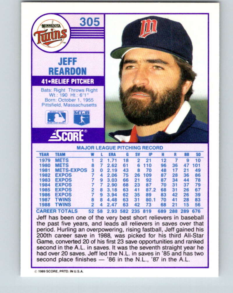 1989 Score #305 Jeff Reardon Mint Minnesota Twins