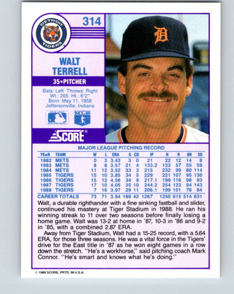 1989 Score #314 Walt Terrell Mint Detroit Tigers
