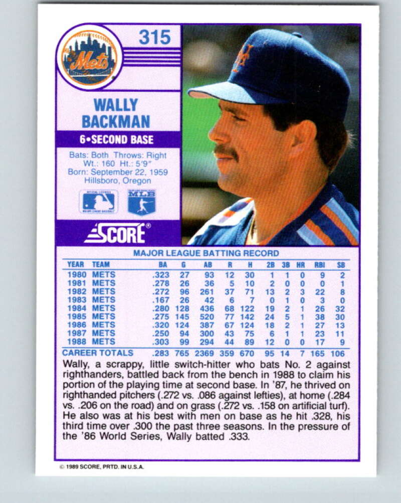 1989 Score #315 Wally Backman Mint New York Mets