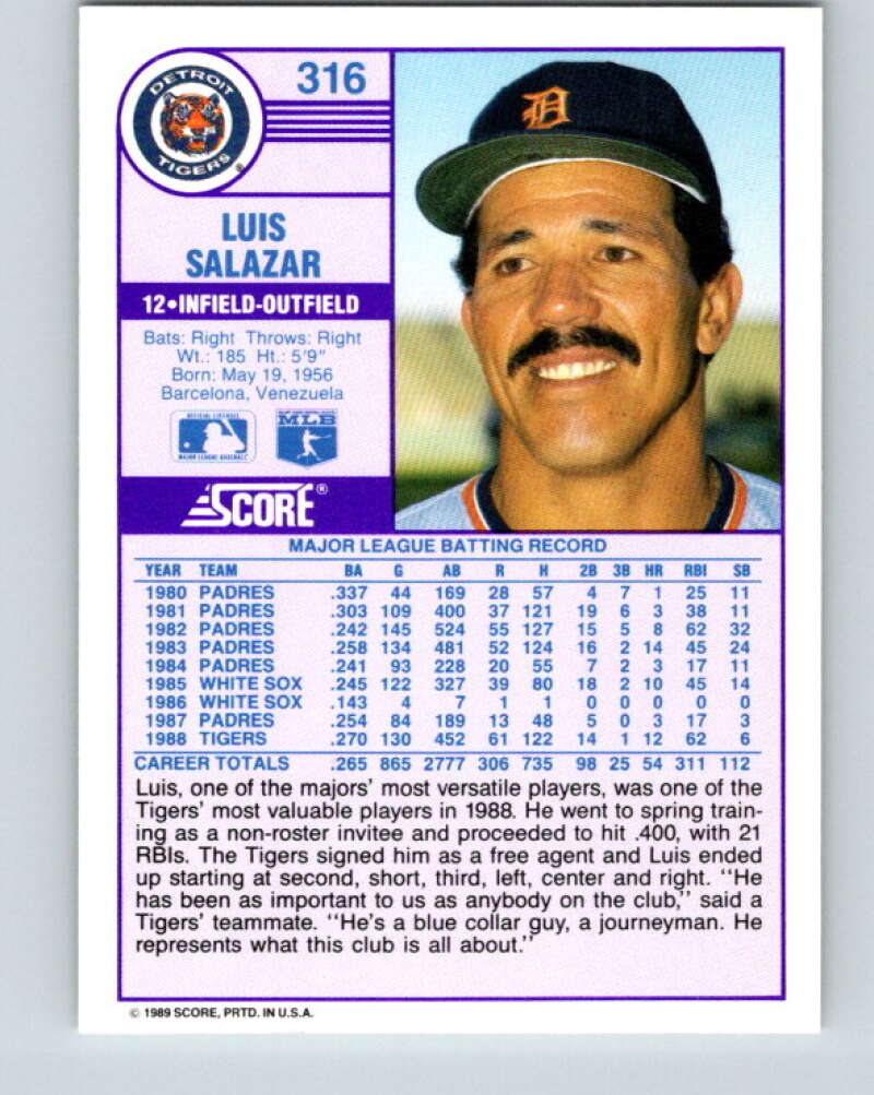 1989 Score #316 Luis Salazar Mint Detroit Tigers