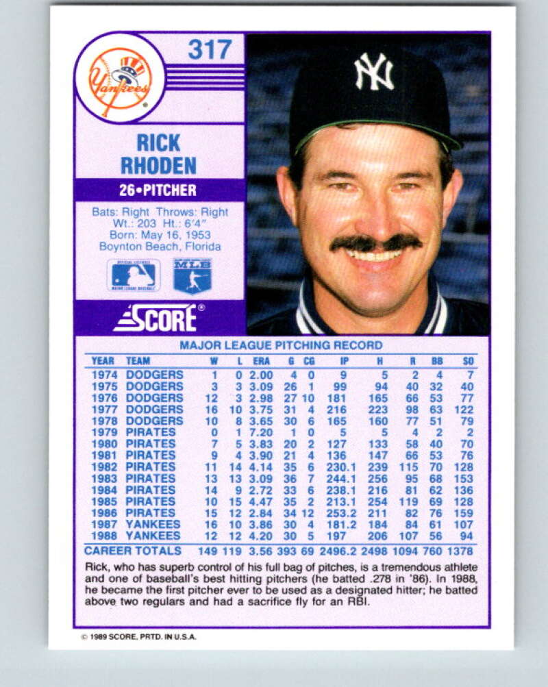 1989 Score #317 Rick Rhoden Mint New York Yankees
