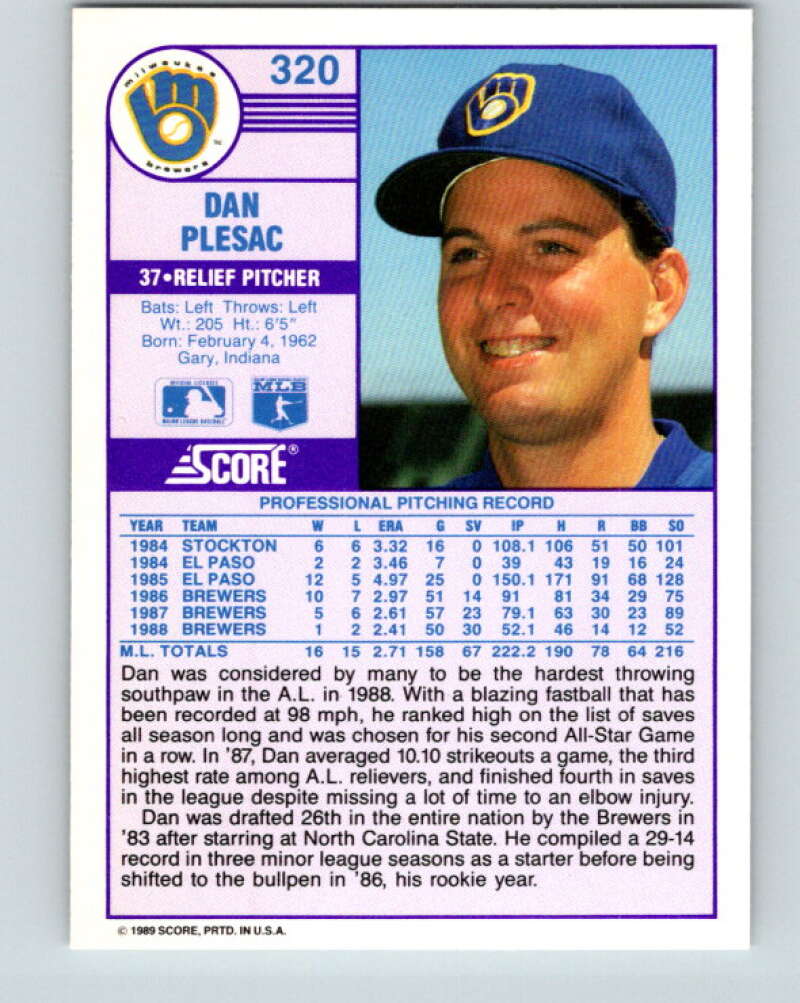 1989 Score #320 Dan Plesac Mint Milwaukee Brewers
