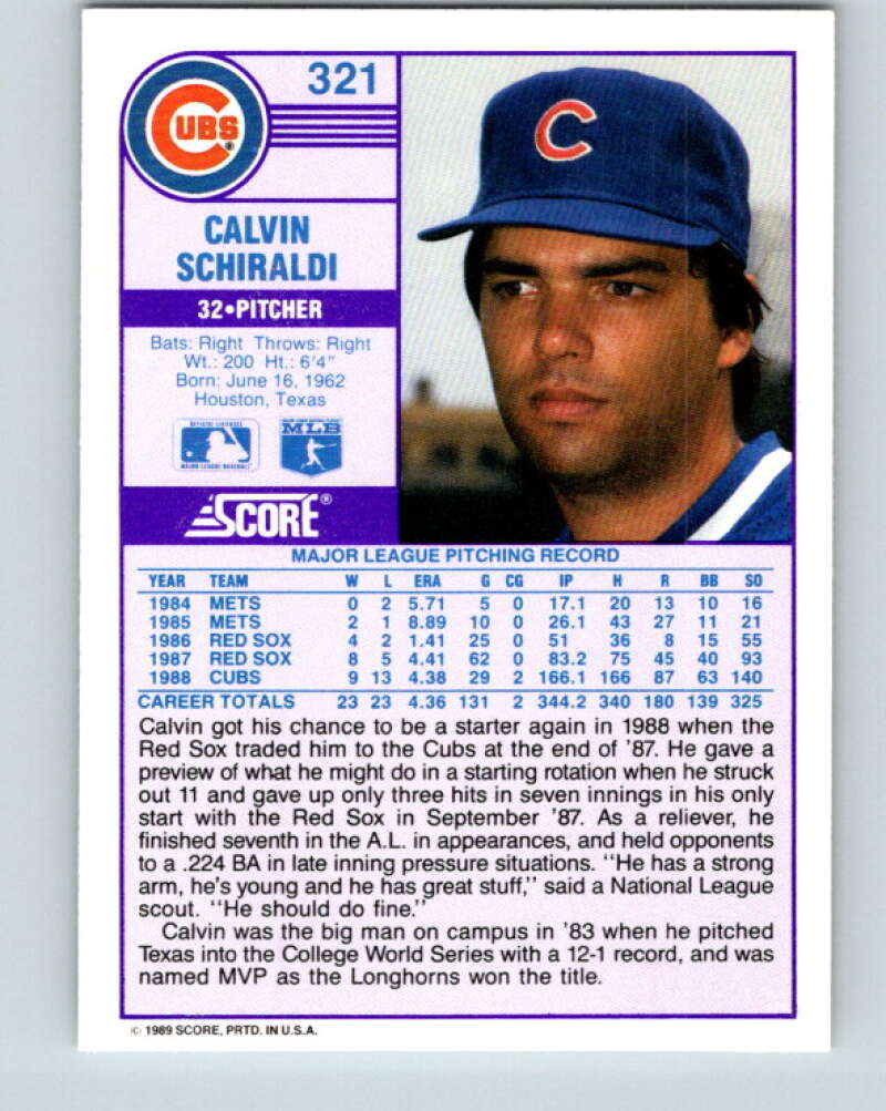 1989 Score #321 Calvin Schiraldi Mint Chicago Cubs