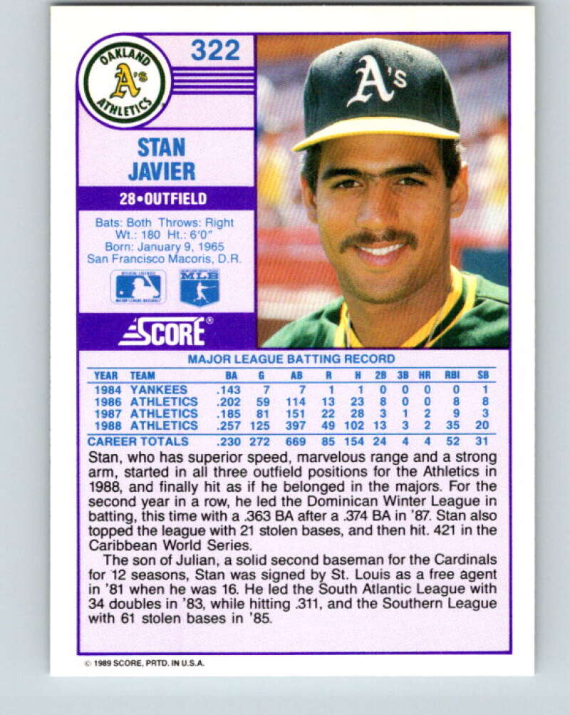 1989 Score #322 Stan Javier Mint Oakland Athletics