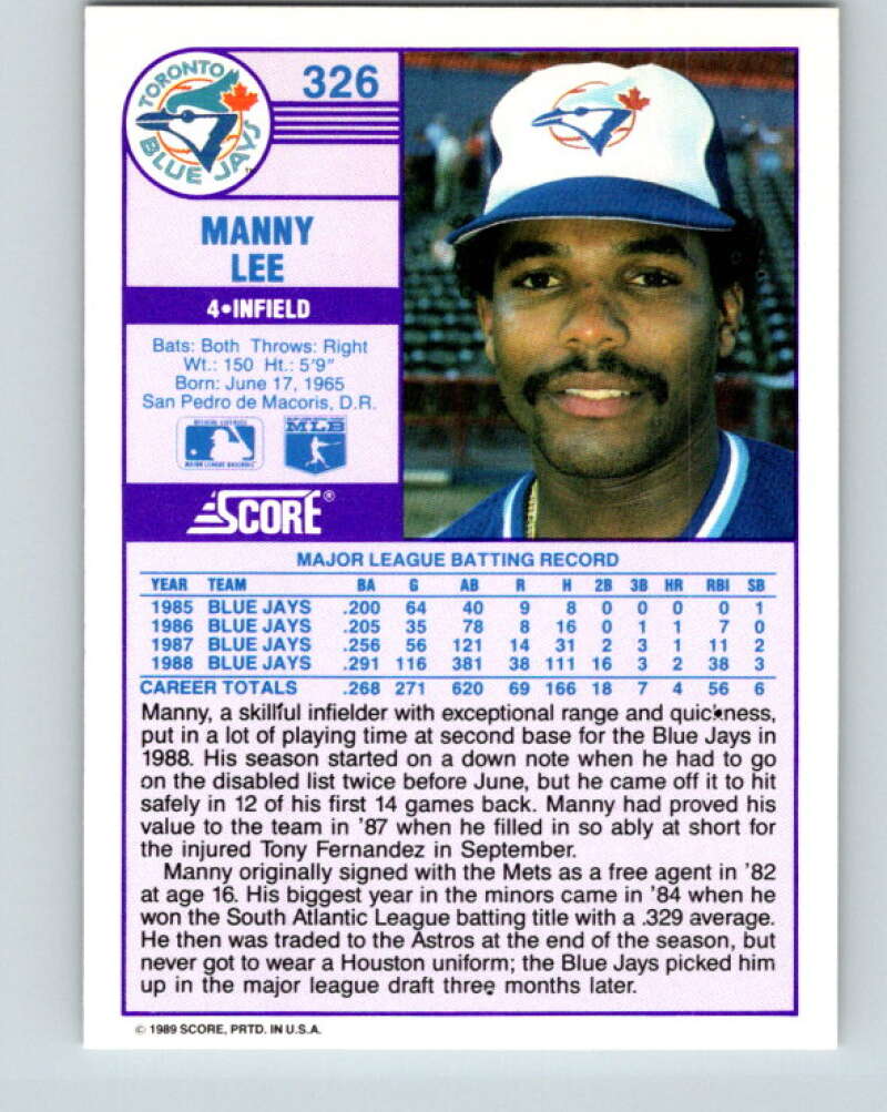 1989 Score #326 Manuel Lee Mint Toronto Blue Jays