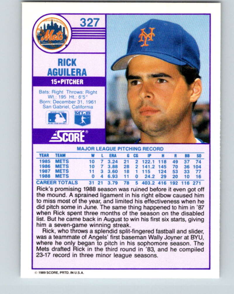 1989 Score #327 Rick Aguilera Mint New York Mets