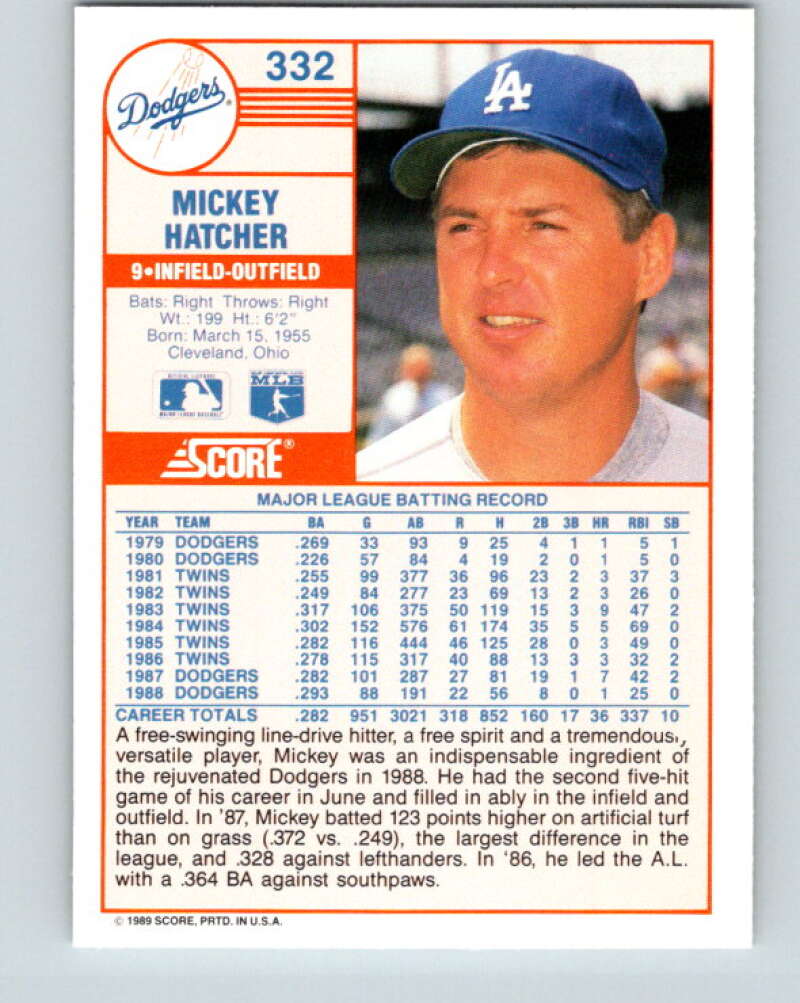 1989 Score #332 Mickey Hatcher Mint Los Angeles Dodgers