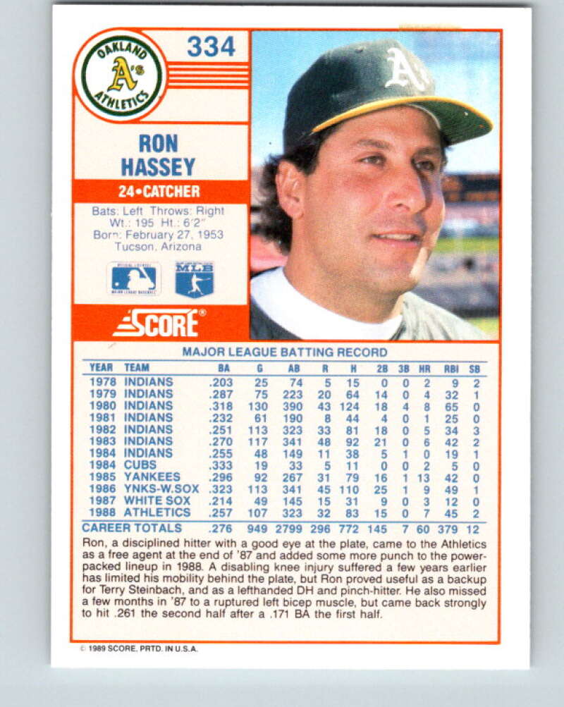 1989 Score #334 Ron Hassey Mint Oakland Athletics