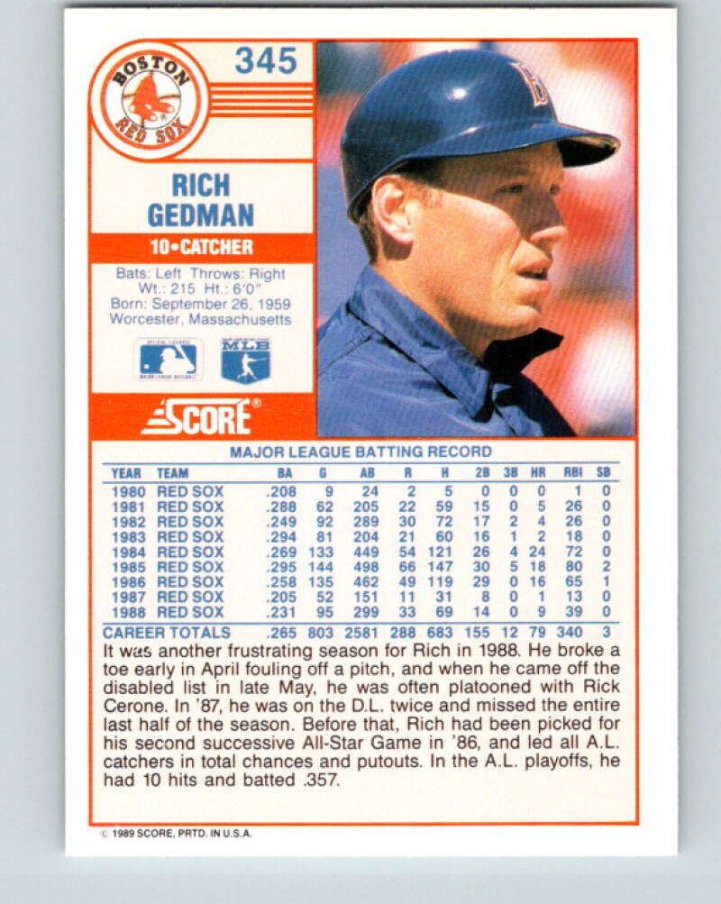 1989 Score #345 Rich Gedman Mint Boston Red Sox