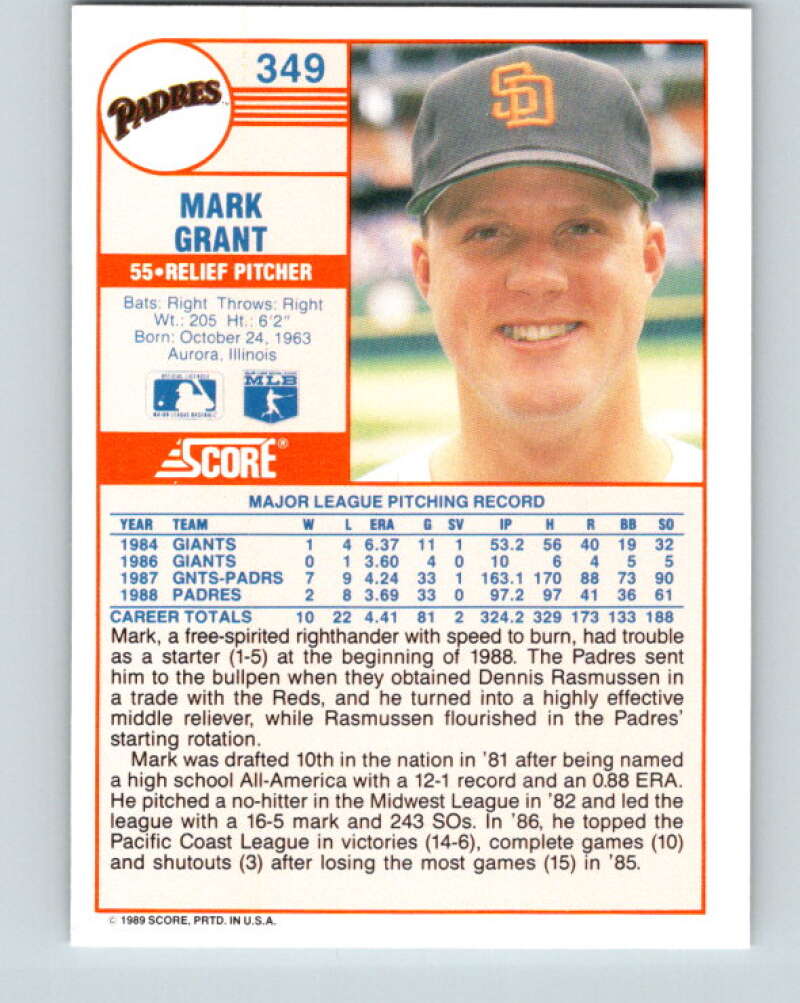 1989 Score #349 Mark Grant Mint San Diego Padres