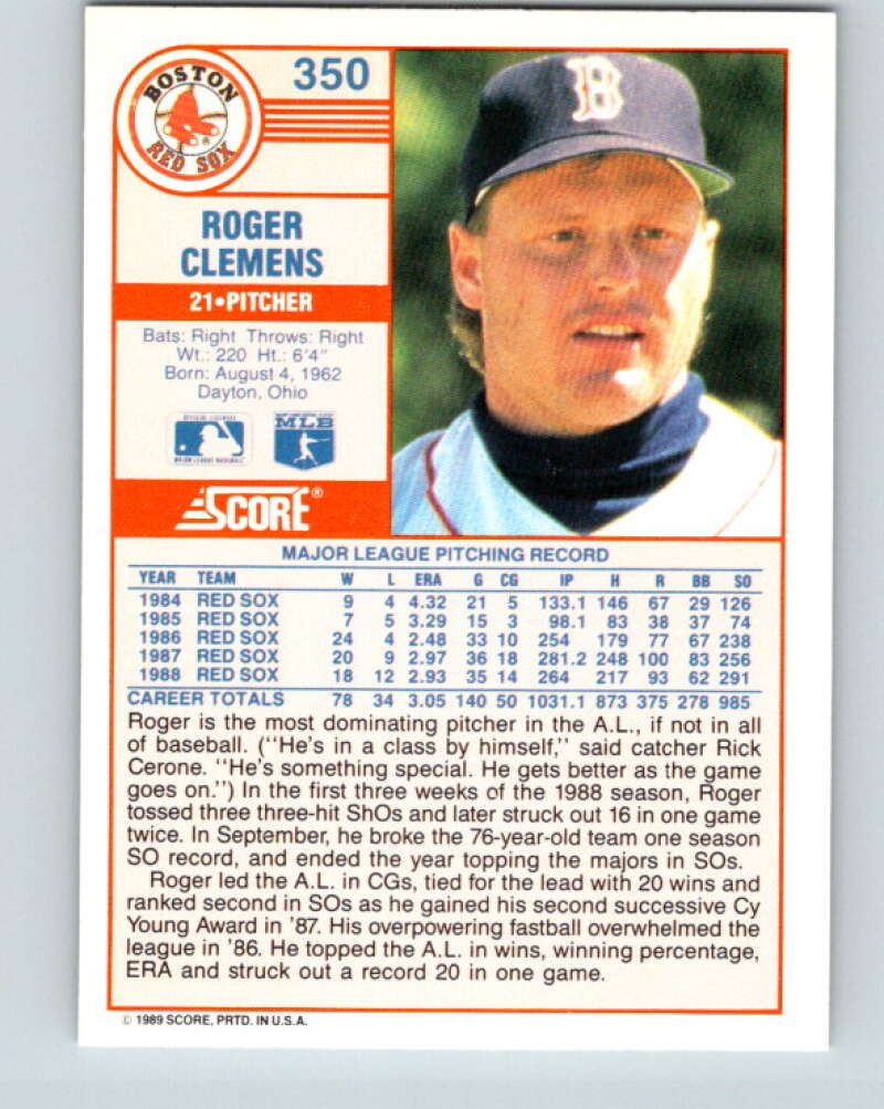 1989 Score #350 Roger Clemens ERR Mint Boston Red Sox