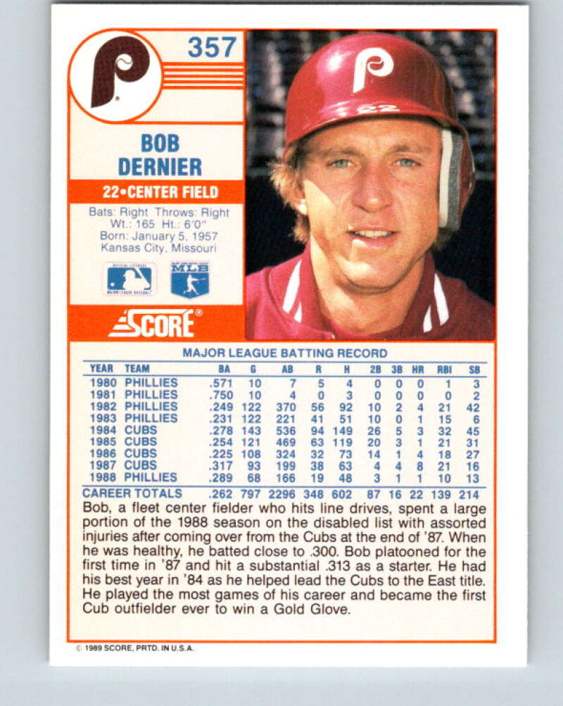 1989 Score #357 Bob Dernier Mint Philadelphia Phillies