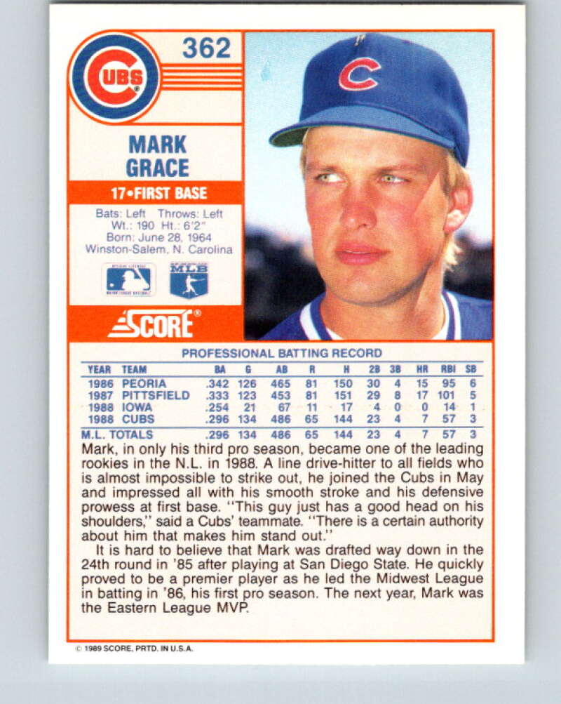 1989 Score #362 Mark Grace Mint Chicago Cubs