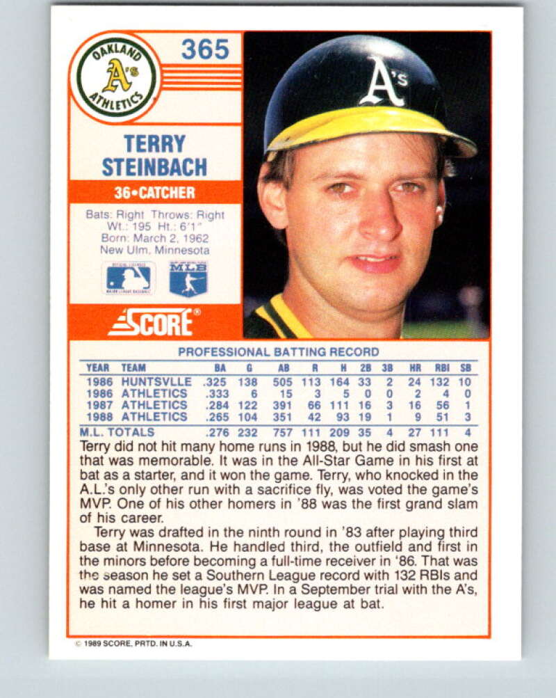 1989 Score #365 Terry Steinbach Mint Oakland Athletics