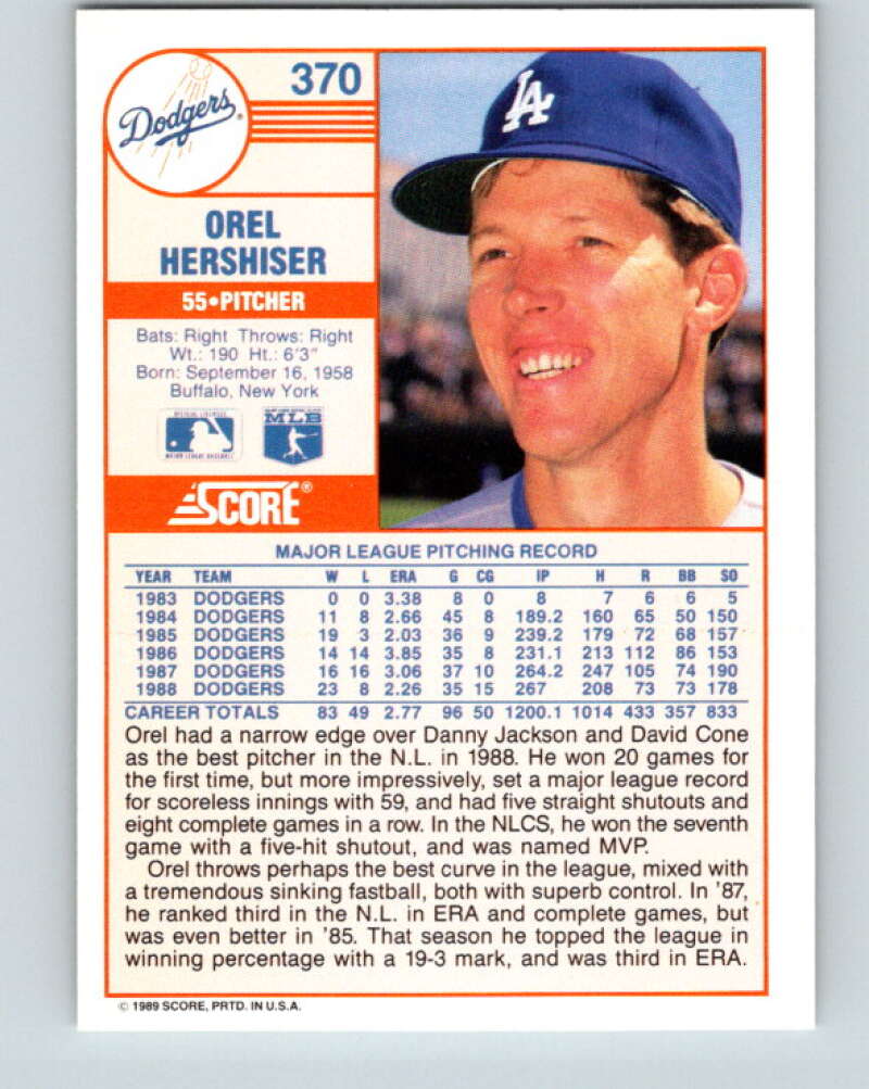 1989 Score #370 Orel Hershiser Mint Los Angeles Dodgers