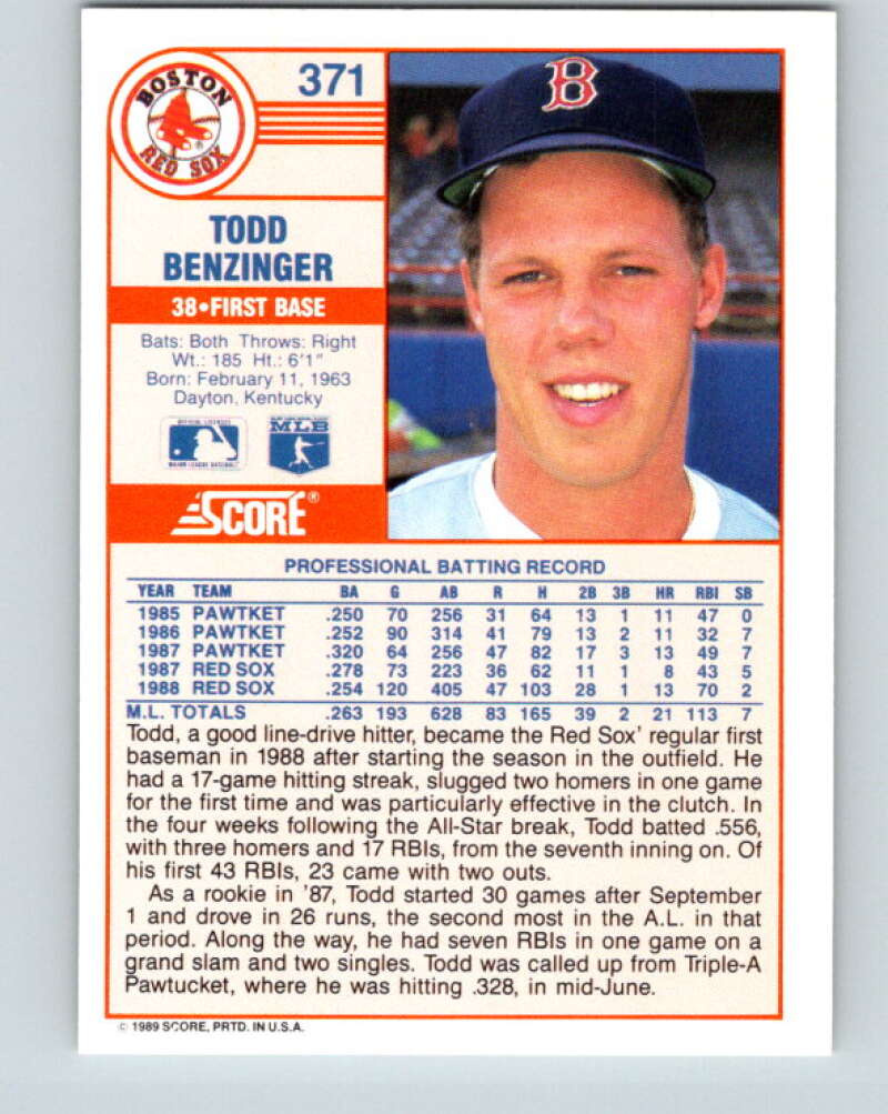 1989 Score #371 Todd Benzinger Mint Boston Red Sox