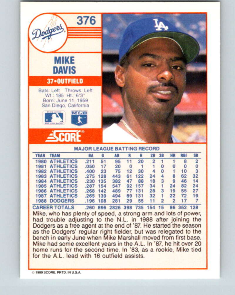1989 Score #376 Mike Davis Mint Los Angeles Dodgers