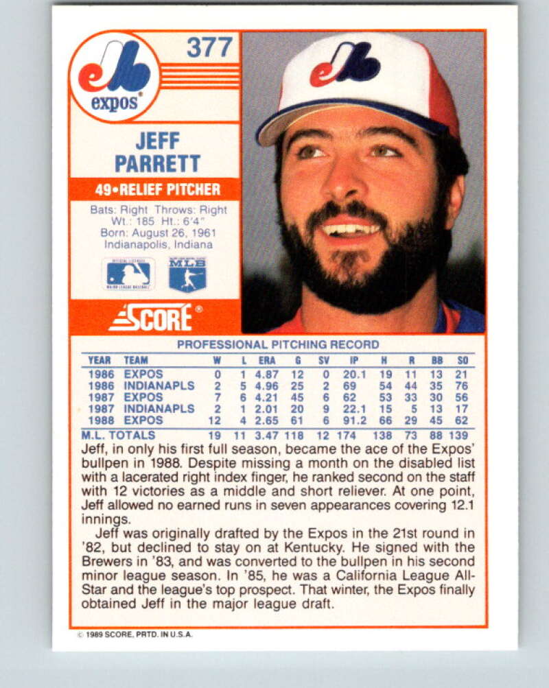 1989 Score #377 Jeff Parrett Mint Montreal Expos