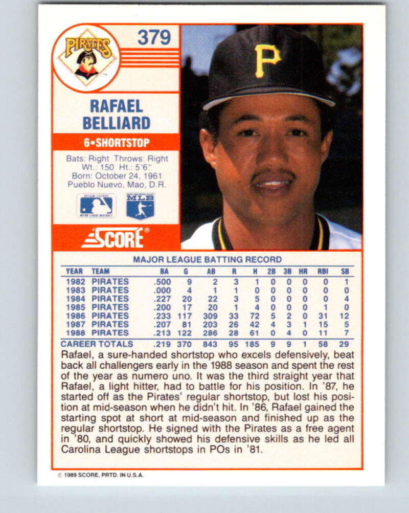 1989 Score #379 Rafael Belliard Mint Pittsburgh Pirates