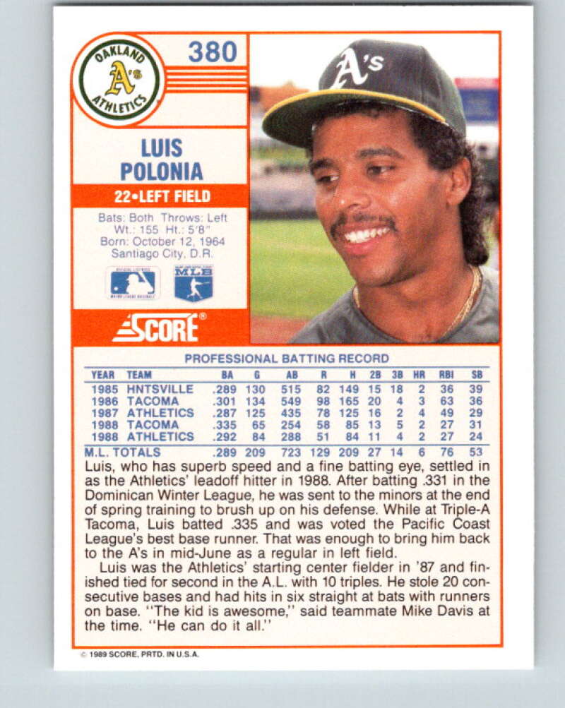 1989 Score #380 Luis Polonia Mint Oakland Athletics