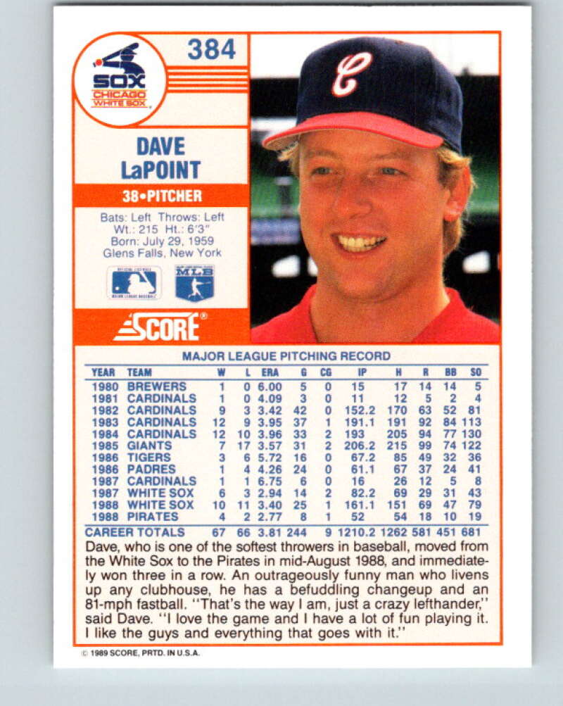 1989 Score #384 Dave LaPoint Mint Chicago White Sox