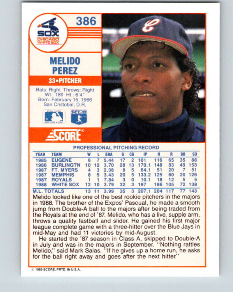 1989 Score #386 Melido Perez Mint Chicago White Sox