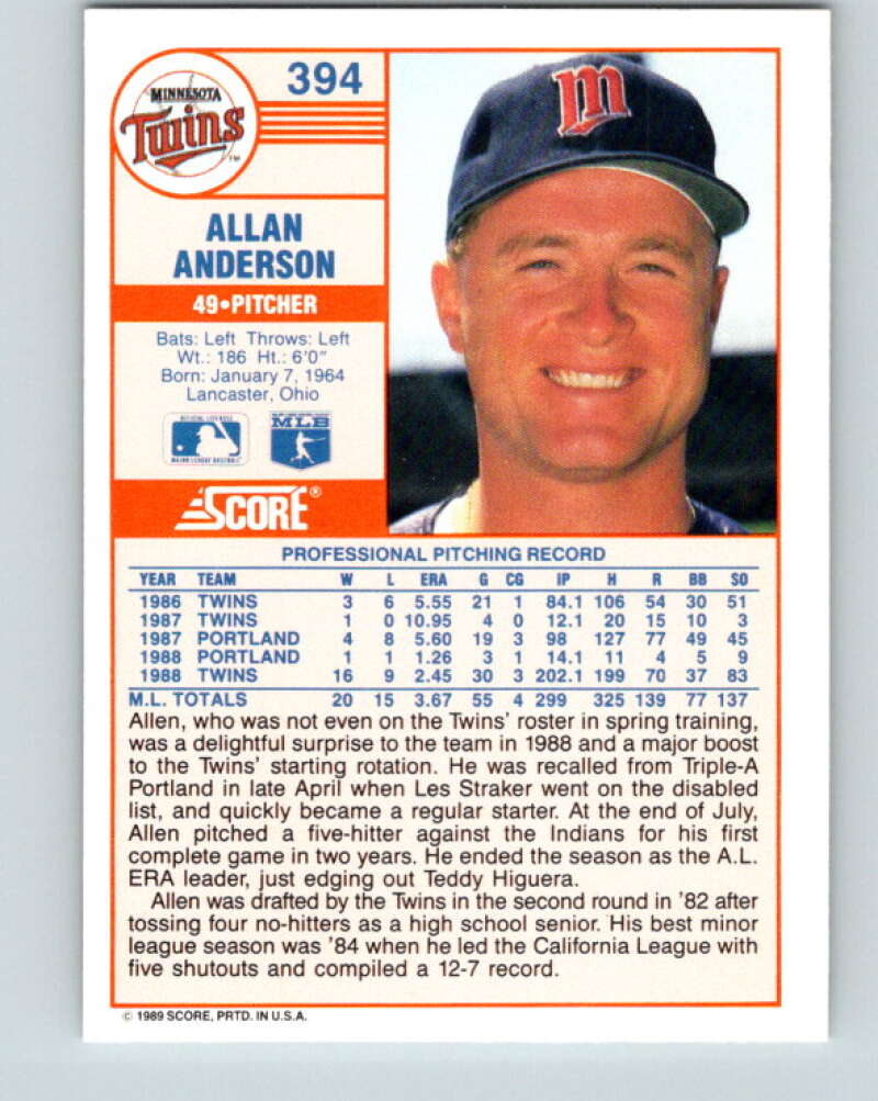 1989 Score #394 Allan Anderson Mint Minnesota Twins