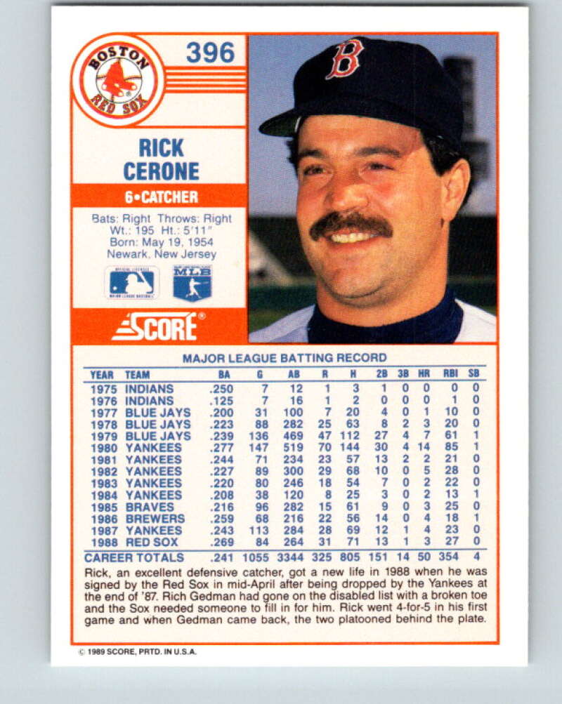 1989 Score #396 Rick Cerone Mint Boston Red Sox