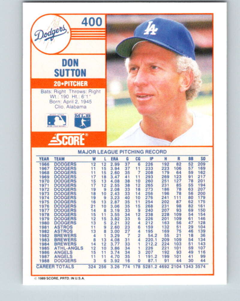 1989 Score #400 Don Sutton Mint Los Angeles Dodgers
