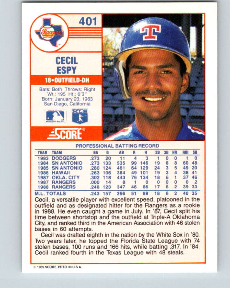 1989 Score #401 Cecil Espy Mint Texas Rangers