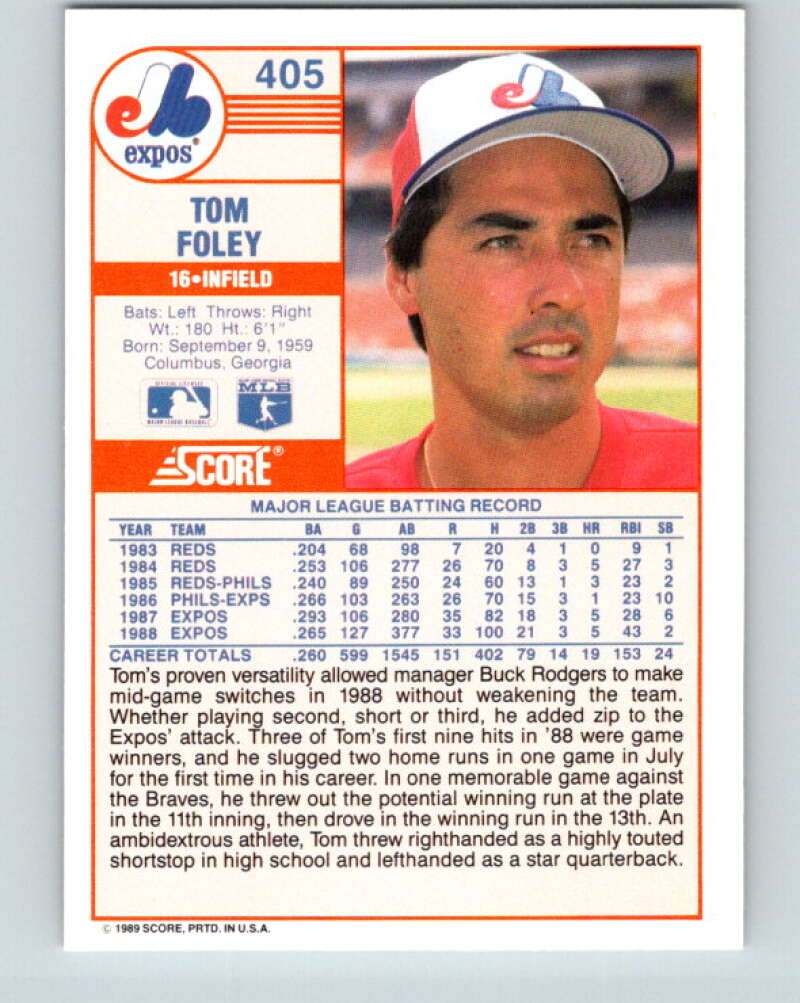 1989 Score #405 Tom Foley Mint Montreal Expos