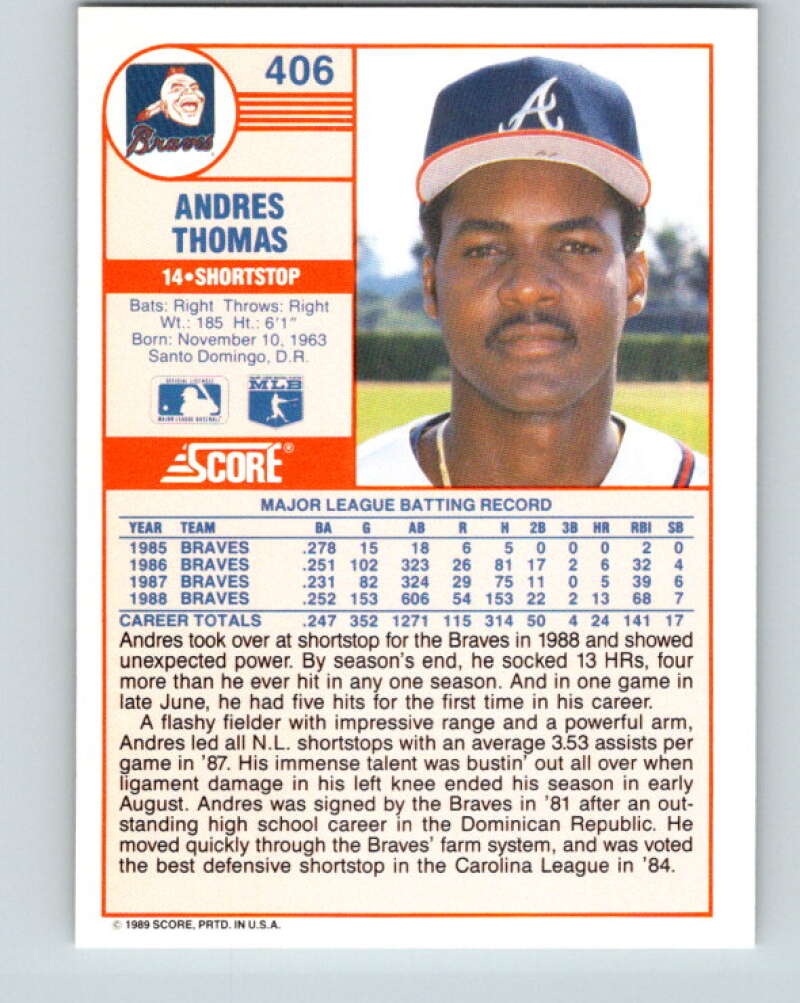 1989 Score #406 Andres Thomas Mint Atlanta Braves