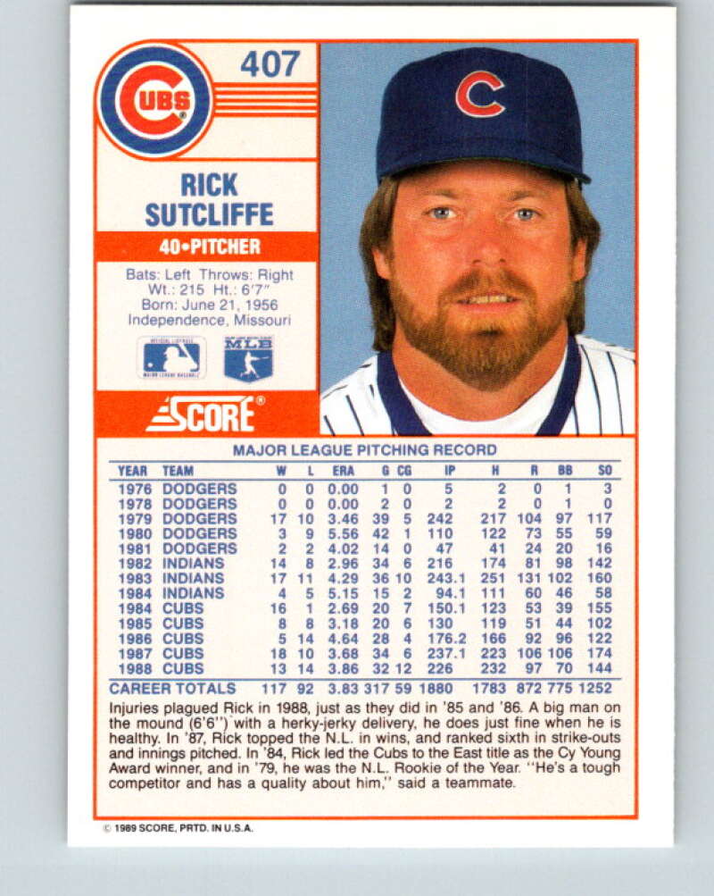 1989 Score #407 Rick Sutcliffe Mint Chicago Cubs