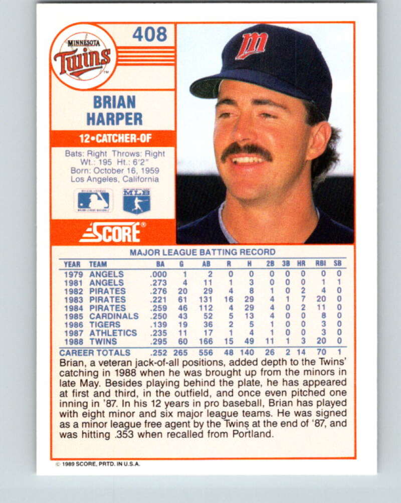 1989 Score #408 Brian Harper Mint Minnesota Twins