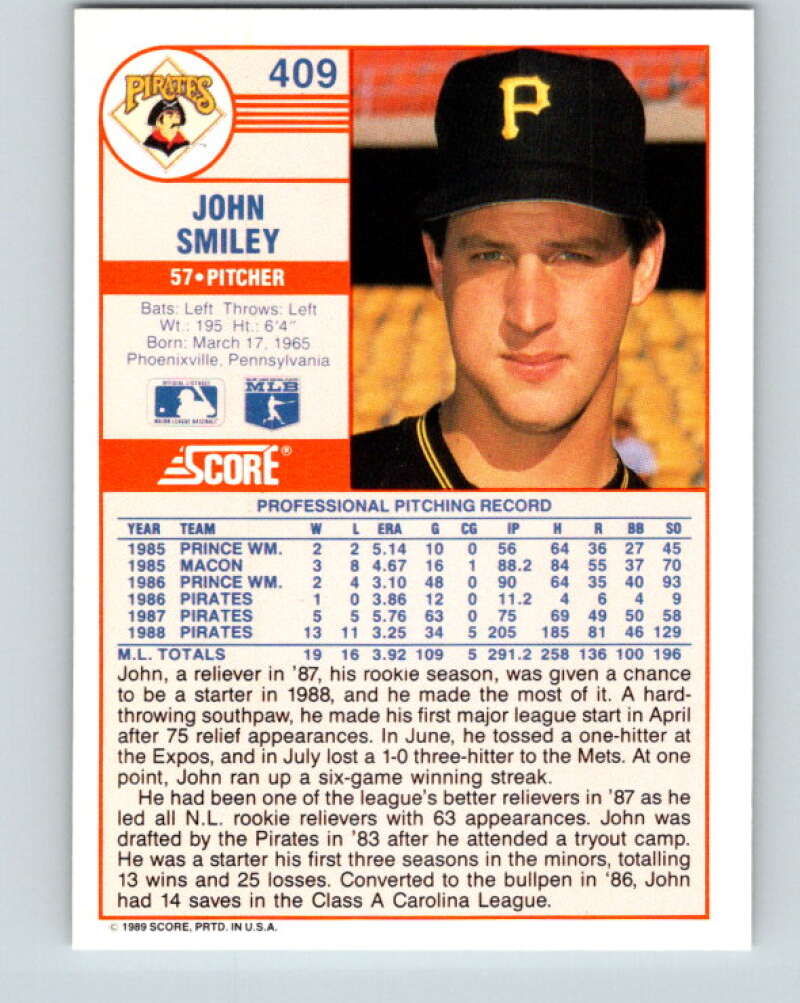 1989 Score #409 John Smiley Mint Pittsburgh Pirates