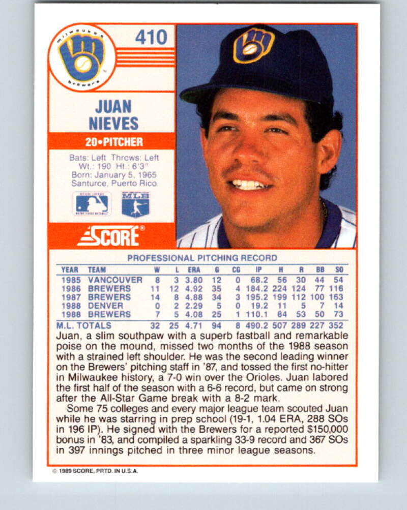 1989 Score #410 Juan Nieves Mint Milwaukee Brewers