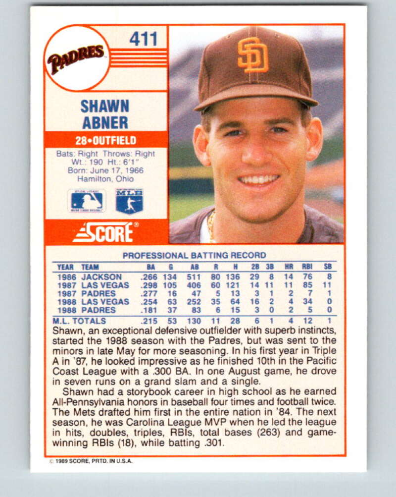 1989 Score #411 Shawn Abner Mint San Diego Padres
