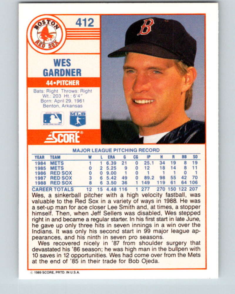 1989 Score #412 Wes Gardner Mint Boston Red Sox